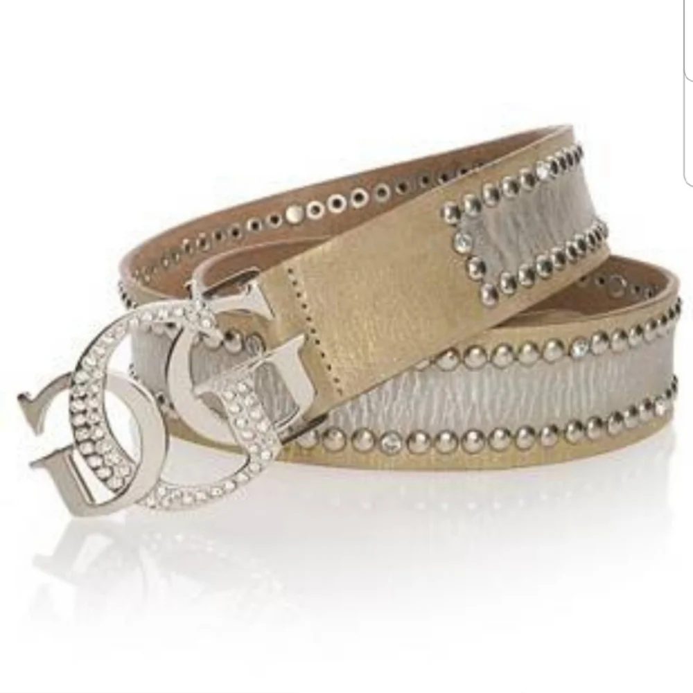 Guess Genuine Leather Gold & Silver Metallic Studded belt with Silver Buckle NEW